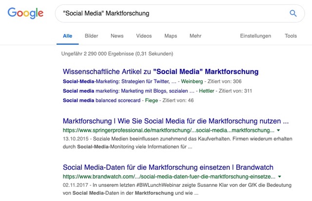 Unterkapitel Stichwortkombinationen, zum Beispiel "Social Media" Marktforschung